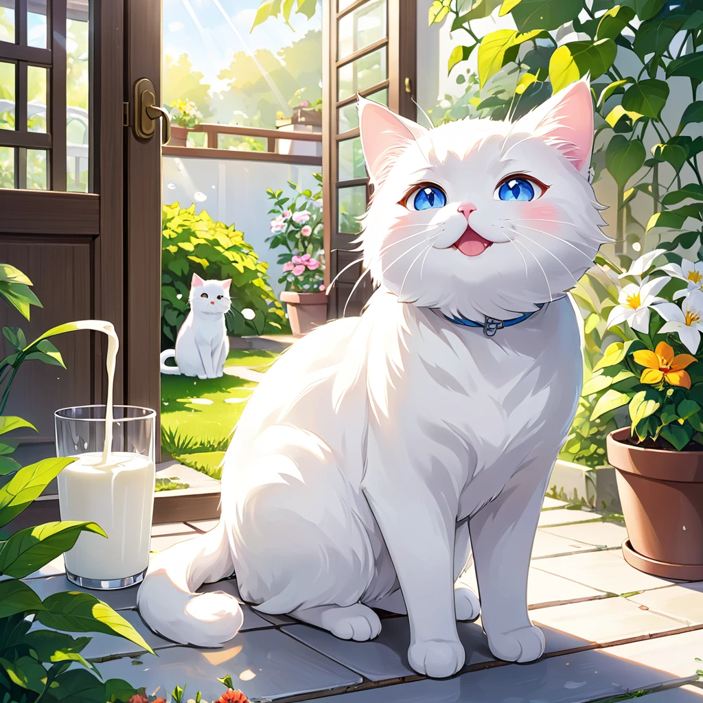 White cat  has recovered from an illness.、A scene that brought back energy。Milk is active in the house and garden.、Enjoying a new adventure。Under the clear sunlight、Milk playing happily、Please draw the expressions on her family&#39;s faces as they rejoice at her recovery.。