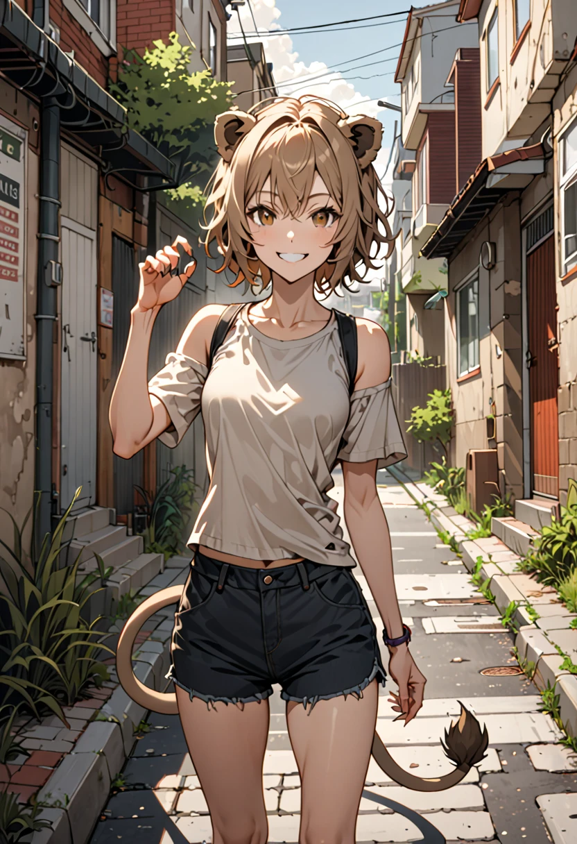 solo female, lion girl, lion ears and tail, short wild sandy hair, hazel eyes, fit, broad shoulders, narrow waist, curvaceous, tomboy, smile, furry claws, medium shot, casual clothes, sidewalk, rundown suburbs, north American backstreet, hot summer, 