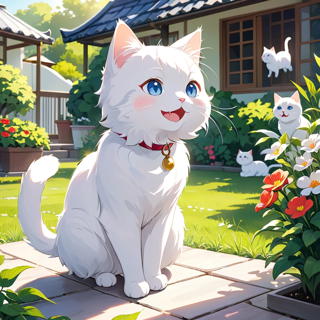 White cat  has recovered from an illness.、A scene that brought back energy。cat is active in the house and garden.、Enjoying a new adventure。Under the clear sunlight、cat playing happily、Please draw the expressions on her family&#39;s faces as they rejoice at her recovery.。