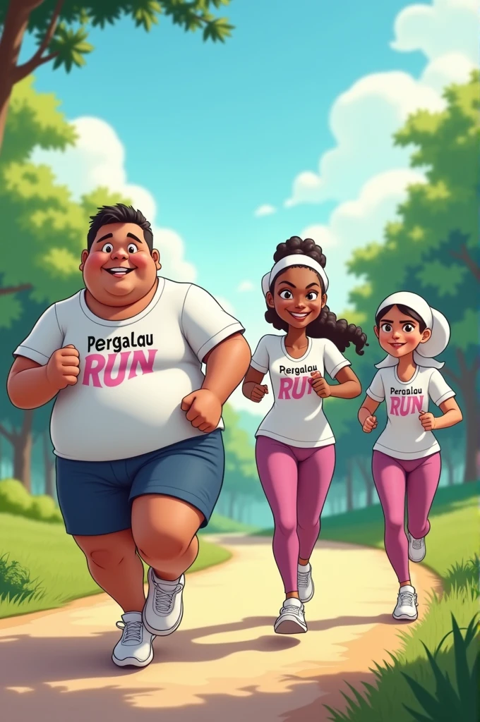 an Indonesian man with a chubby body, a slight beard on his face, slightly curly hair, wearing a highlighter green t-shirt that says "DIMAS", blue jeans, running while smiling, being chased by complex mothers because he stole his mother's panties. mother