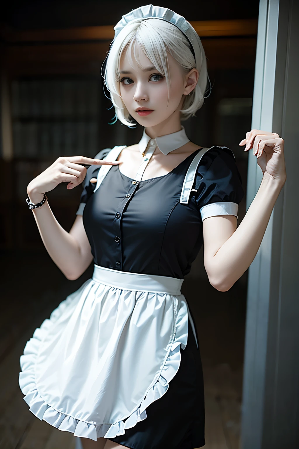 Maid uniformを着た美しいサイボーグの女性兵士、Short white hair、Muscular、Six-pack abs、(Maid uniform:1.8)、(White ruffled apron:1.4)、Facial blemishes、Eye patch、（Shootout with space gangsters：1.5）、Smirking expression、Dynamic Configuration、Detailed、Reality、8K、high resolution、超Detailed、Movie Lighting、Dramatic Colors、Science Fiction、Concept Art