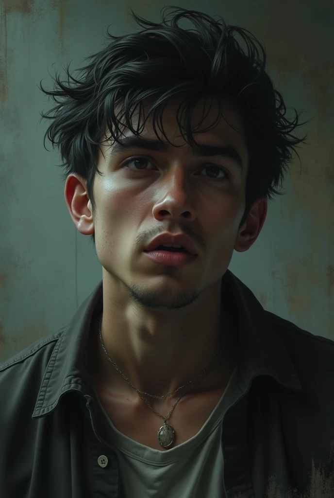 Percy Jackson General Appearance: Percy still has messy black hair and green eyes reminiscent of the sea.. His skin is tanned and marked by some scars from past battles.. At the moment, His expression reflects tiredness and frustration..
baggy eyes: Deep dark circles stand out under his green eyes., which give him an exhausted look. His eyes are more tired and fatigue is clearly noticeable on his face..
CLOTHES: He is wearing a worn out t-shirt and ripped jeans.. Your clothes look a little wrinkled., as if he had not had time to change properly.