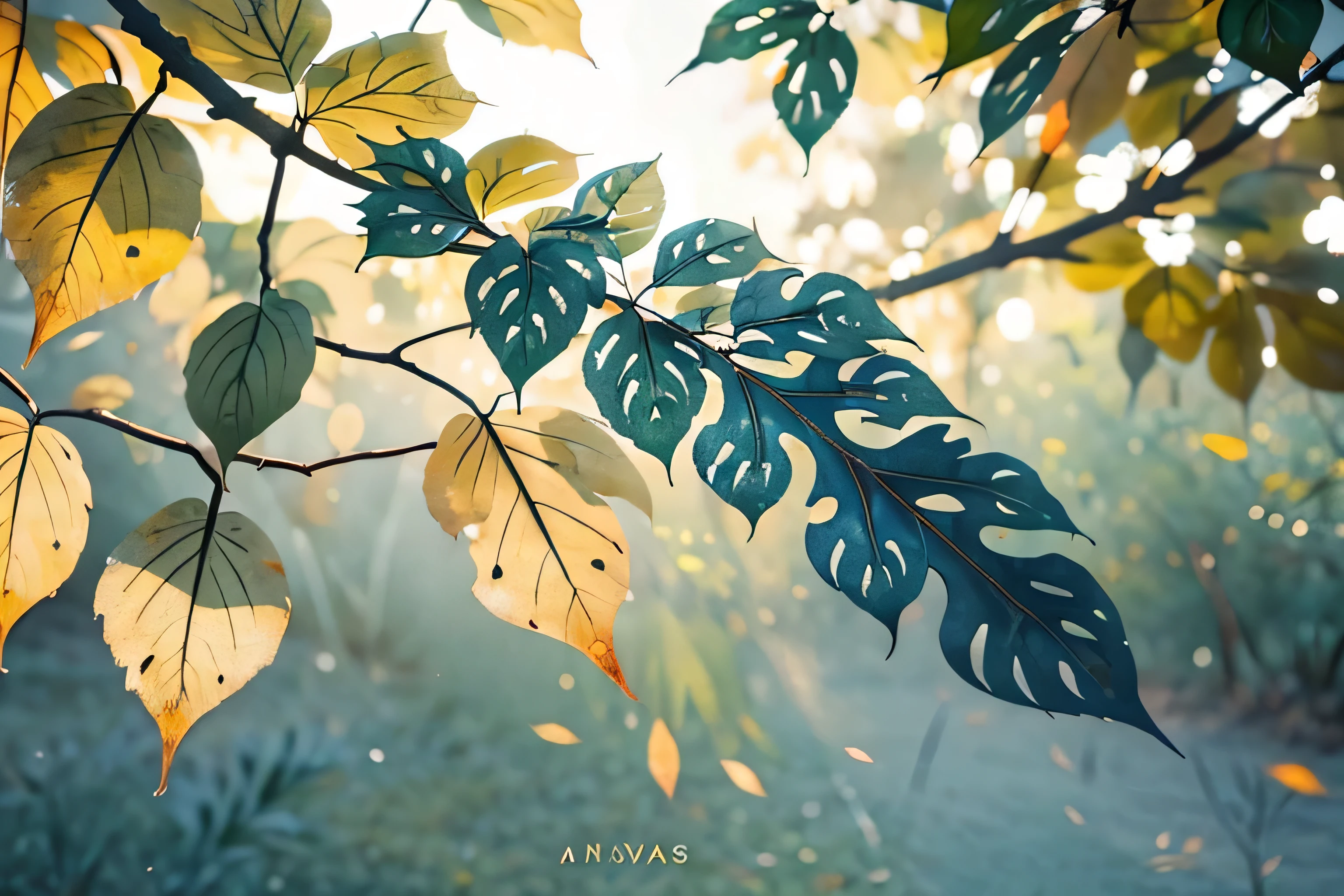 close-up of a branch of dried leaves，sunlight on the leaves，dewdrops below the leaves，deep blue background，warm atmosphere，high quality