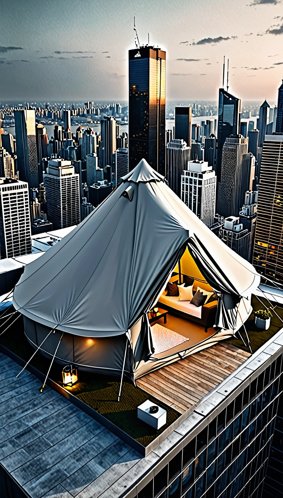 living in a tent on the roof of a skyscraper, the ultimate urban minimalist with nothing else, artistic photography, hyper realistic, digital graphic CG, ultra detailed, absolutely resolution, best quality