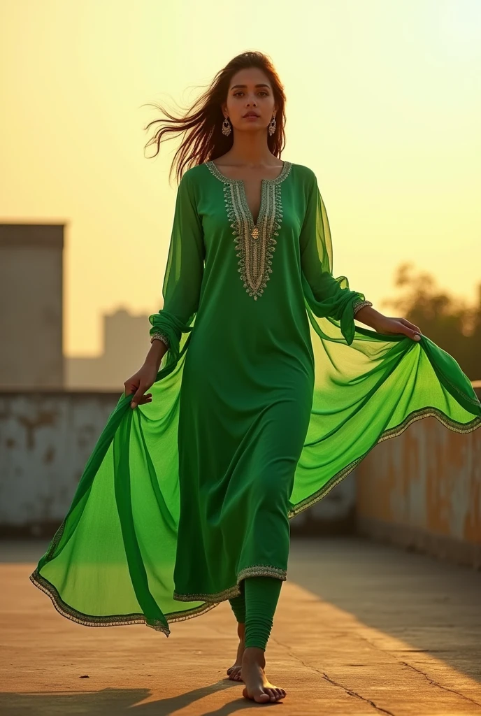 Girl in kurti legging tight in roof hot with kurti full image from head to leg flying kurti green colour churidar kurta 