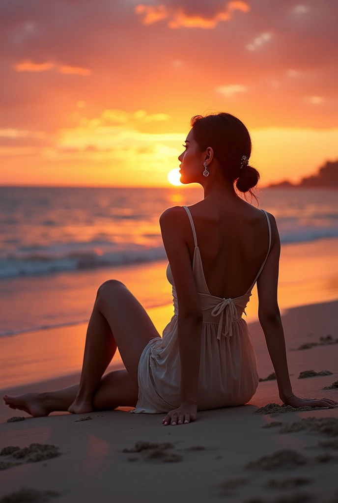 Lying down in a sensual pose with realistic wet hair, Real photo with a sunset in the background, photographed nude by the sea on the realistic sand of the beach with wet blonde hair