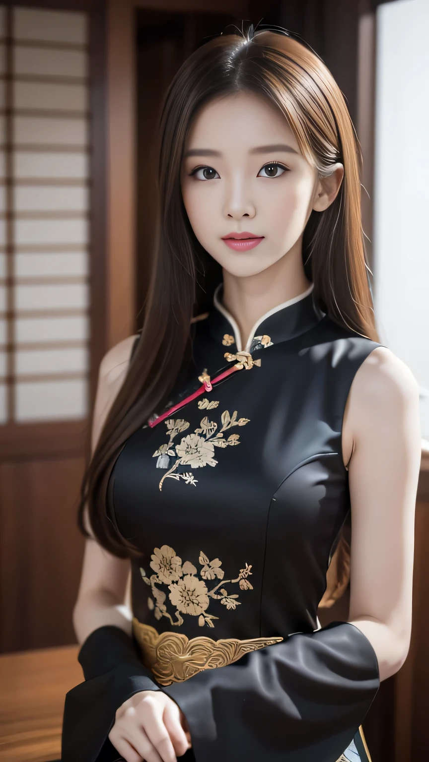 (Wearing a black Chinese dress)、(masterpiece:1.5)、(Real:1.5)、(Best Quality:1.4、8k、RAW Photos)、 Ultra-high resolution、Professional Lighting、Perfect dynamic composition、indoor、 Film Grain、chromatic aberration、(bokeh:1.1)、 frank、Sophistication、charm、Surreal、High detail、Golden Ratio、 (1 girl)、Slender girl、A delicate and charming girl、Cute Woman:1.4、 Serious expression、Watching the viewer、Take a full body photo、 Light Brown Hair、Shiny Hair、Random Cute Hairstyles、 Clear and beautiful skin、Lifelike Skin、 Close your mouth、Natural color lips、Fine grain、Double eyelids、Thin arms、