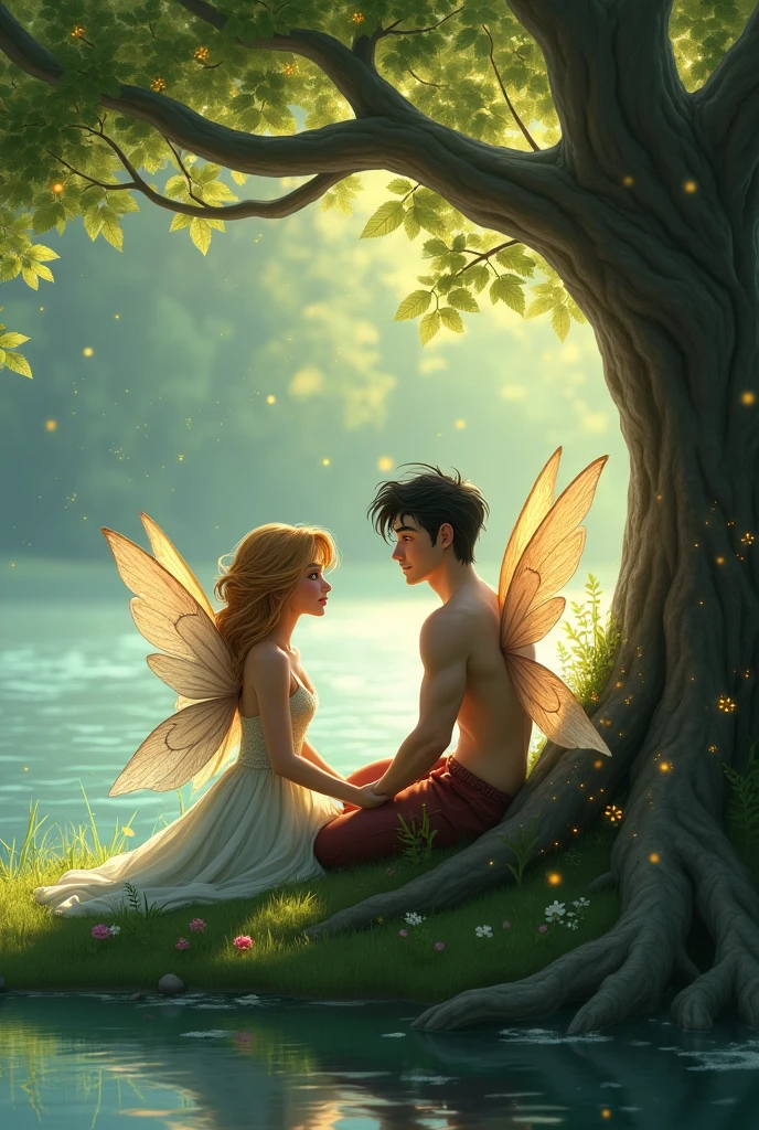 Masterpiece, watercolor: A passionate dance between two elongated miniature tinkerbells (similar to Elodie Guipaud and Celina Ralph) on a branch of an oak tree, dew droplets, illuminated by a single glowing firefly. Fairytale-like atmosphere. Soft, tender. Bokeh. In the style of Josephine Wall and Takashi Murakami and Boris Vallejo.