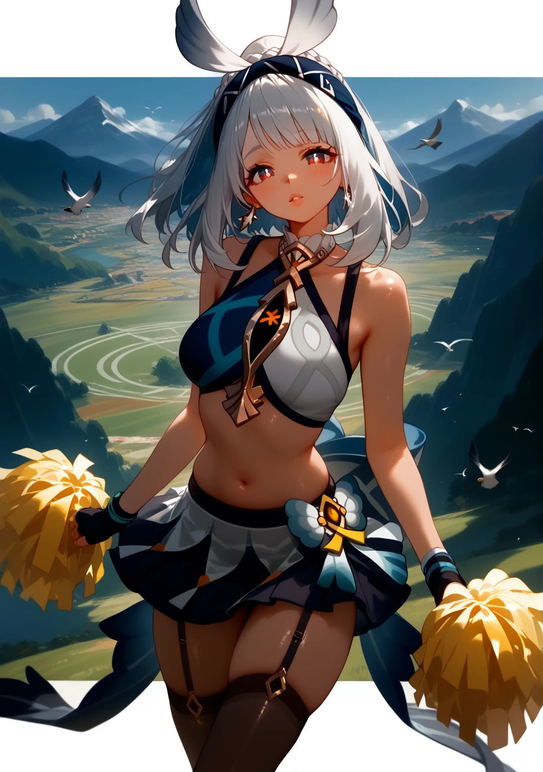 Highest quality, Highest quality, High quality illustrations, masterpiece, Ultra-high resolution, Detailed Background, Absurd, Perfect Anatomy, performance, Good lighting, Shadows in the movies, 1 girl, solo, mualani_\(genshin_impact\), alternate costume, medium breasts, looking at viewer, blush, cheerleader, black dress, short dress, sleeveless dress, skirt, cleavage, bare shoulders, jewelry, thighs, earrings, parted lips, black thighhighs, lips, bare arms, covered navel, skindentation, garter straps, black choker, holding, pom pom \(cheerleading\), holding pom poms, jump pose, cowboy shot, from above, sky, clouds, sun, birds, mountains, bewitching thighs, gleaming, shiny skin, shiny, two beautiful legs