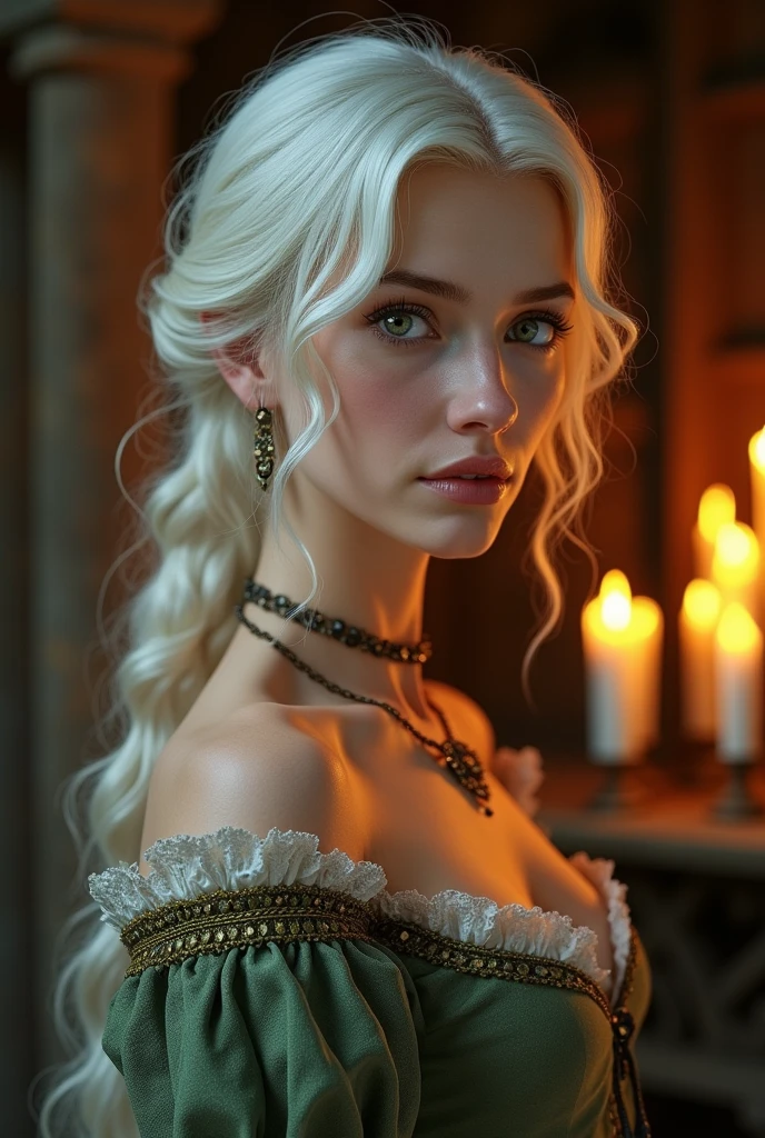 A scary horror image,   It was a rainy night, with thunder piercing the sky and the rain pounding against the windows. Inside an imposing mansion, an elegant looking woman, with long blond hair and a face full of sadness, sat in front of a roaring fireplace. PICTURE REALISTIC, high resolution, 8k 