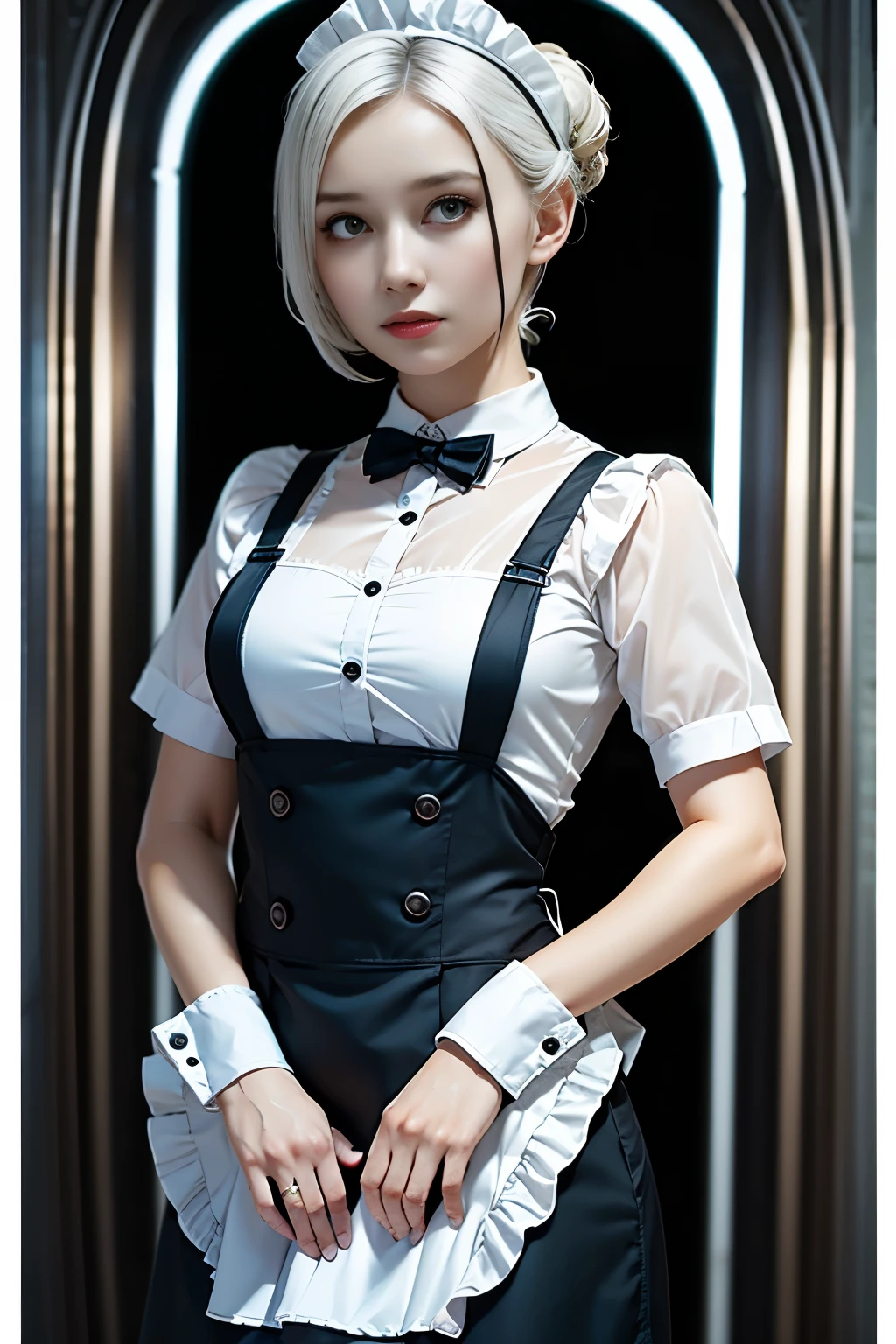 Beautiful female cyborg soldier in maid uniform、Short white hair、Muscular、Six-pack abs、(Transparent maid uniform:1.8)、(Transparent White Ruffle Apron:1.4)、Facial blemishes、Eye patch、（Shootout with space gangsters：1.5）、Smirking expression、Dynamic Configuration、Detailed、Reality、8K、high resolution、超Detailed、Movie Lighting、Dramatic Colors、Science Fiction、Concept Art，Cameltoe