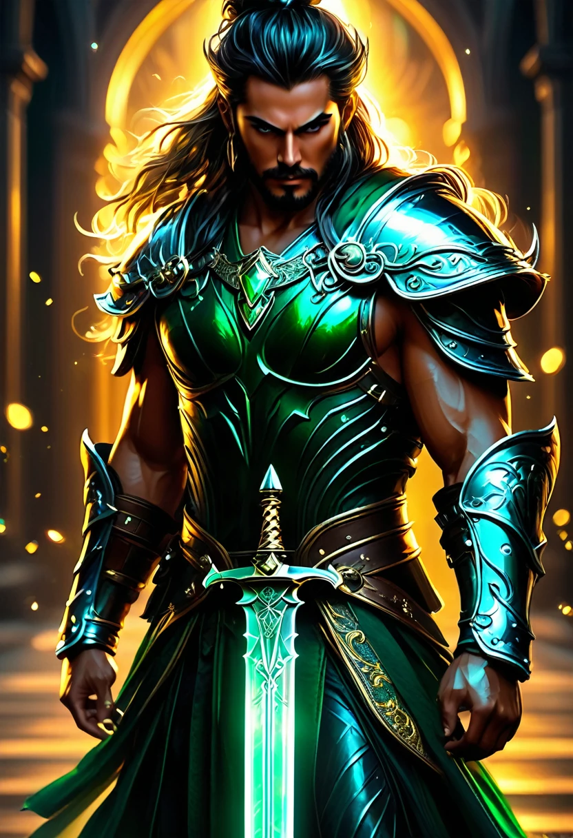 A stunningly handsome guy on his way to infinity, in the middle of the road style, realism, cinematic quality, play of light, gradient, Shine, perfect skin, amazing art, Abstract, floral, Colorful , predominantly sparkling colored crystal , emerald robe , golden armor with sparkling diamonds on the naked body , dynamic pose, centered, key visual effect, intricate, very detailed, breathtaking beauty of a young guy , precise line drawing, Bright, comprehensive, cinematic, digital art, perfect composition, beautiful detailed intricately insanely detailed high octane render, trending on artstation, high art photography 8k, photorealistic concept art, soft natural volumetric cinematic perfect light, chiaroscuro, award winning photography, masterpiece, Raphael , Caravaggio, Greg Rutkowski , illustration, short tousled hair, detailed eyes, perfect composition, wet skin, intricate details, sword in hand .