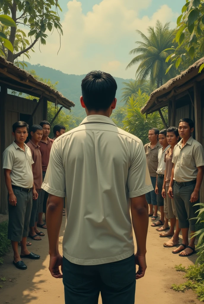 A group of handsome Thai young men, one of whom was not wearing any pants, everyone could see his underwear, but his friend was wearing a student uniform, standing in the middle of the field, shining with sunlight on a hot day.