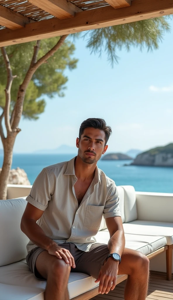 tall muscular man adam lambert with white skin stands alone in full height on the deck of a luxury yacht, short haircut, ( green eyes:1.5 ), ( Dark Brown Hair:1.2 ), light slavic skin, brutal, big pumped up arms, broad shoulders, Wide neck, loose white t-shirt, dynamic pose, ocean and mountain views complex and impressive details, be careful with your hands, no tattoos, 8k, Ultra detailed, impressive photorealism