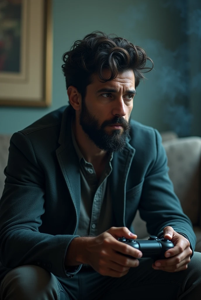 man sitting on his sofa, with a military green button-down shirt, with headphones, looking to the camera, in a room with dark tones