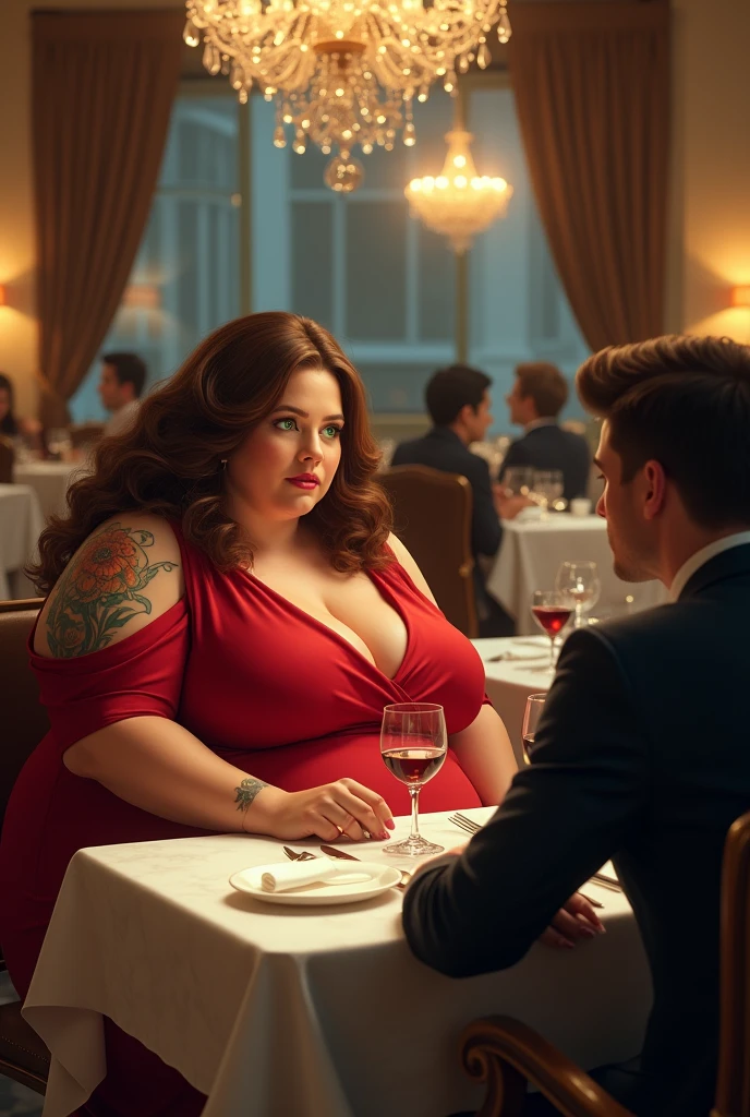Play an Obese Man and a White Woman in a Red Dress at a Romantic Dinner in a Restaurant