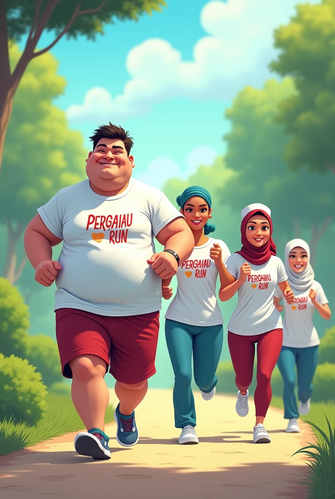 create me a picture of a handsome 4 Melaka man in track pants jogging accompanied by four beautiful Malay women wearing Hijabista veils aged between 30 and 40 years old