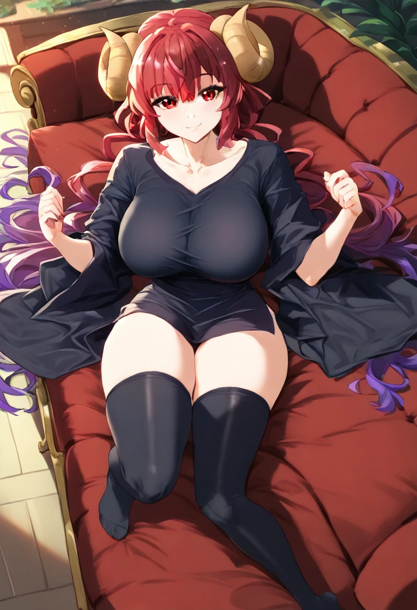  (((masterpiece))), (((Best quality))), (Very detailed), (full body), (nsfw:1.8), (((nude))), in the room, (ilulu, curled horns, horns, long hair, multicolored hair, purple hair, red eyes, red hair, slit pupils), (black shirt, long shirt, black thighhighs, collarbone, shirt, short sleeves, thighhighs, wide sleeves, zettai ryouiki), beautiful breasts, light smile, lie down on the sofa,,