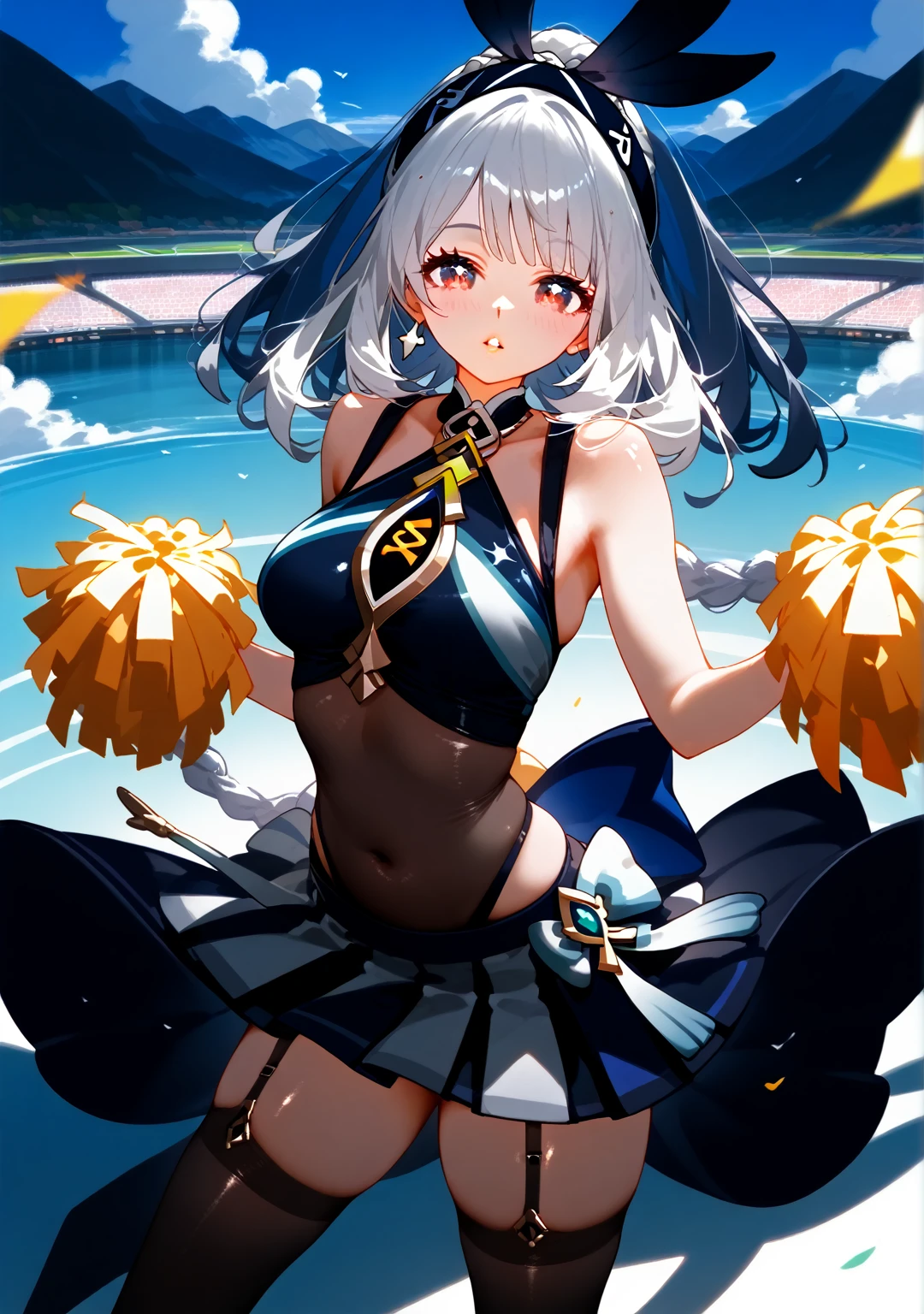 Highest quality, Highest quality, High quality illustrations, masterpiece, Ultra-high resolution, Detailed Background, Absurd, Perfect Anatomy, performance, Good lighting, Shadows in the movies, 1 girl, solo, mualani_\(genshin_impact\), alternate costume, medium breasts, looking at viewer, blush, cheerleader, black dress, short dress, sleeveless dress, skirt, cleavage, bare shoulders, jewelry, thighs, earrings, parted lips, black thighhighs, lips, bare arms, covered navel, skindentation, garter straps, black choker, holding, pom pom \(cheerleading\), holding pom poms, jump pose, cowboy shot, from above, sky, clouds, sun, birds, mountains, bewitching thighs, gleaming, shiny skin, shiny, two beautiful legs