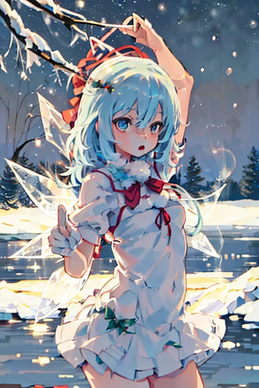 Cirno dancing on a quiet lake at Christmas　White Christmas　quiet night lake　Powdery snow falls　Christmas tree　Christmas Cake　illumination　Meteor Shower　　My breasts are small　Clothes are default