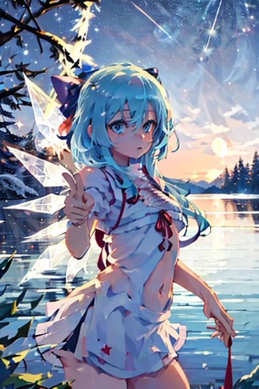 Cirno dancing on a quiet lake at Christmas　White Christmas　quiet night lake　Powdery snow falls　Christmas tree　Christmas Cake　illumination　Meteor Shower　　My breasts are small　Clothes are default