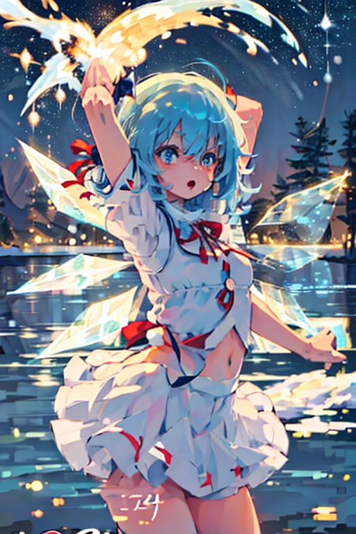 Cirno dancing on a quiet lake at Christmas　White Christmas　quiet night lake　Powdery snow falls　Christmas tree　Christmas Cake　illumination　Meteor Shower　　My breasts are small　Clothes are default