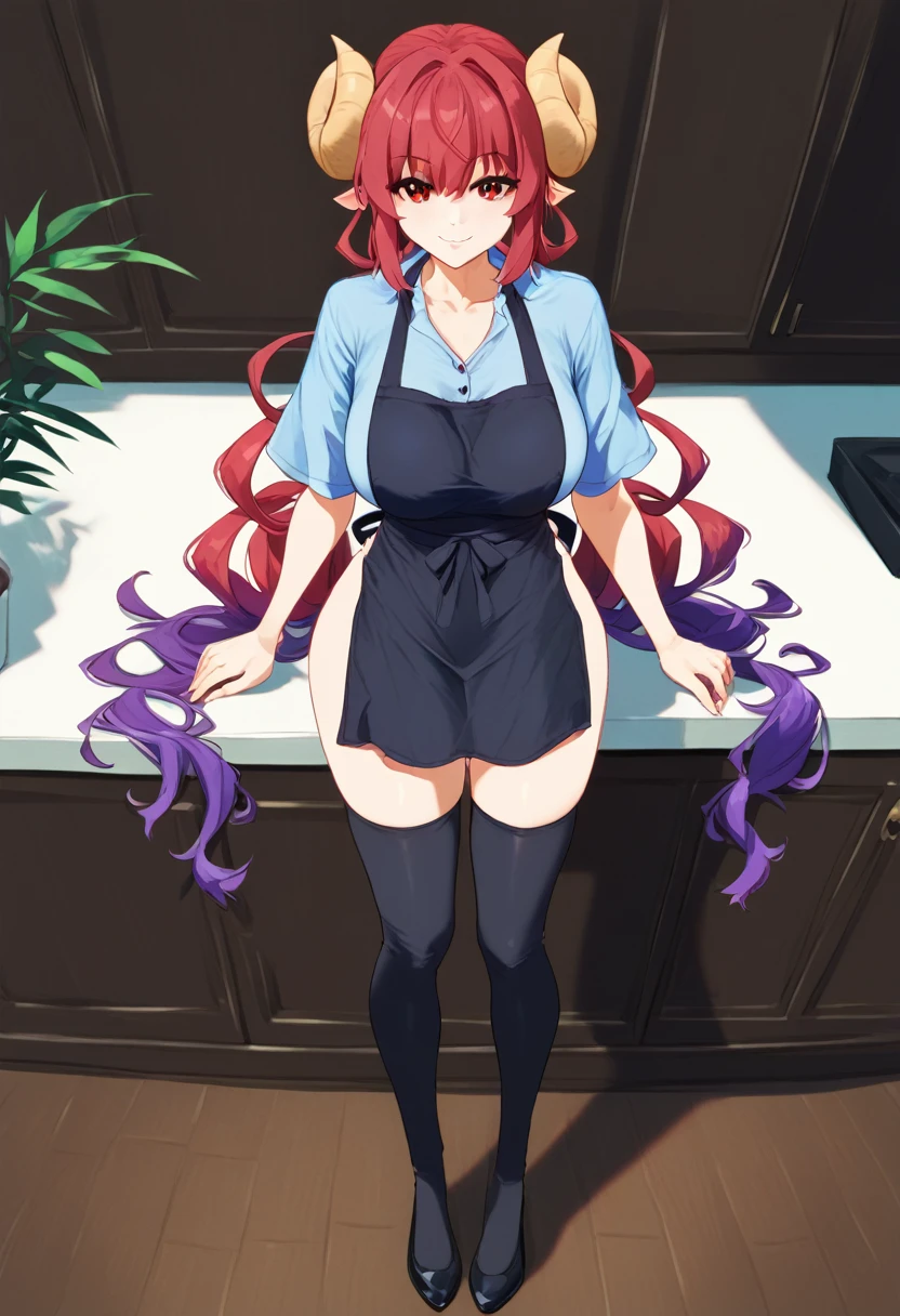  (((masterpiece))), (((Best quality))), (Very detailed), (full body), (nsfw:1.8), (((nude))), in the room, (ilulu, curled horns, horns, long hair, multicolored hair, purple hair, red eyes, red hair, slit pupils), (black shirt, long shirt, black thighhighs, collarbone, shirt, short sleeves, thighhighs, wide sleeves, zettai ryouiki), (shirt, short sleeves, apron, blue shirt, black apron, pants), beautiful breasts, light smile, standing,,