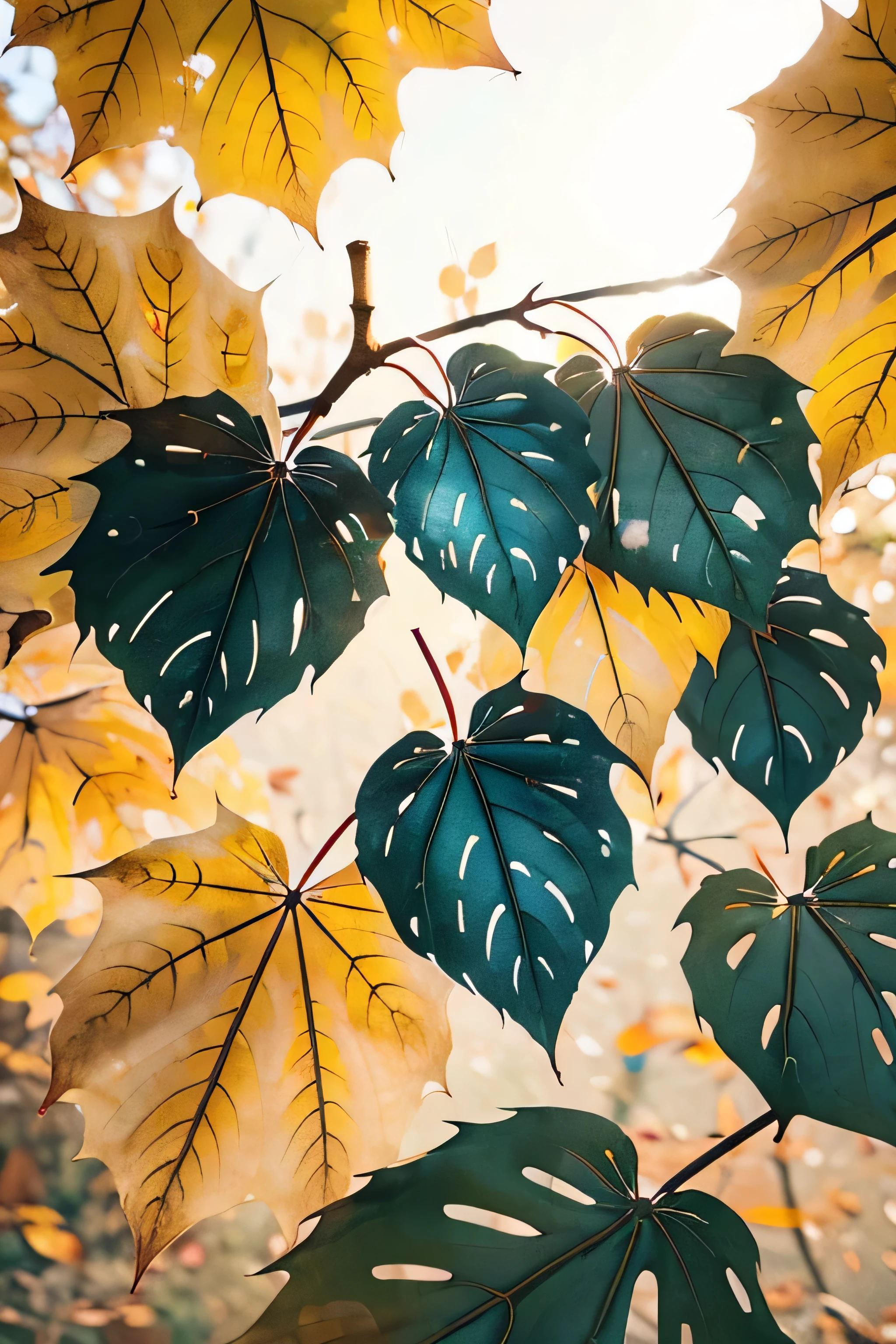 autumn afternoon，close-up of a branch of dried leaves，sunlight on the leaves，dewdrops below the leaves，deep blue background，warm atmosphere，high quality