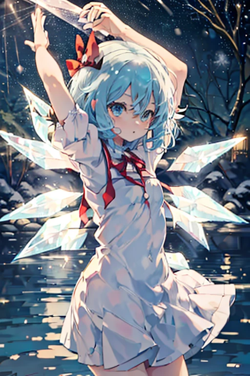 Cirno dancing on a quiet lake at Christmas　White Christmas　quiet night lake　Powdery snow falls　Christmas tree　Christmas Cake　illumination　Meteor Shower　　My breasts are small　Clothes are default