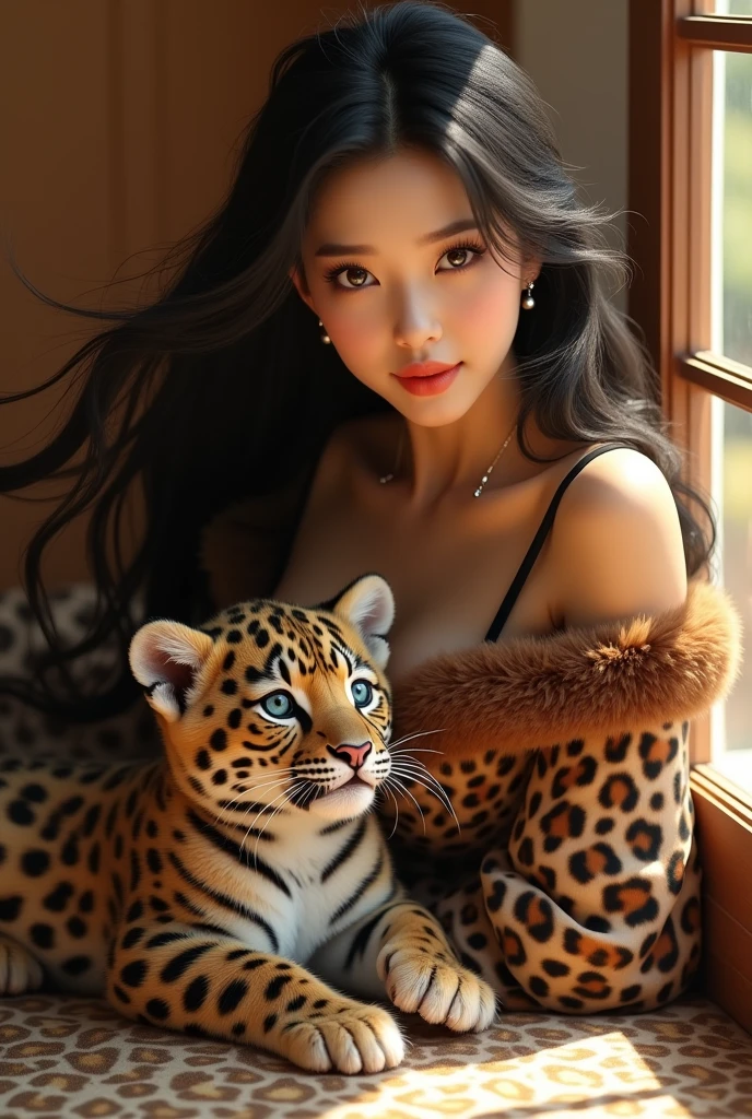 Jennie Kim wearing lingerie in black in her room with big breasts and leopard next to her.