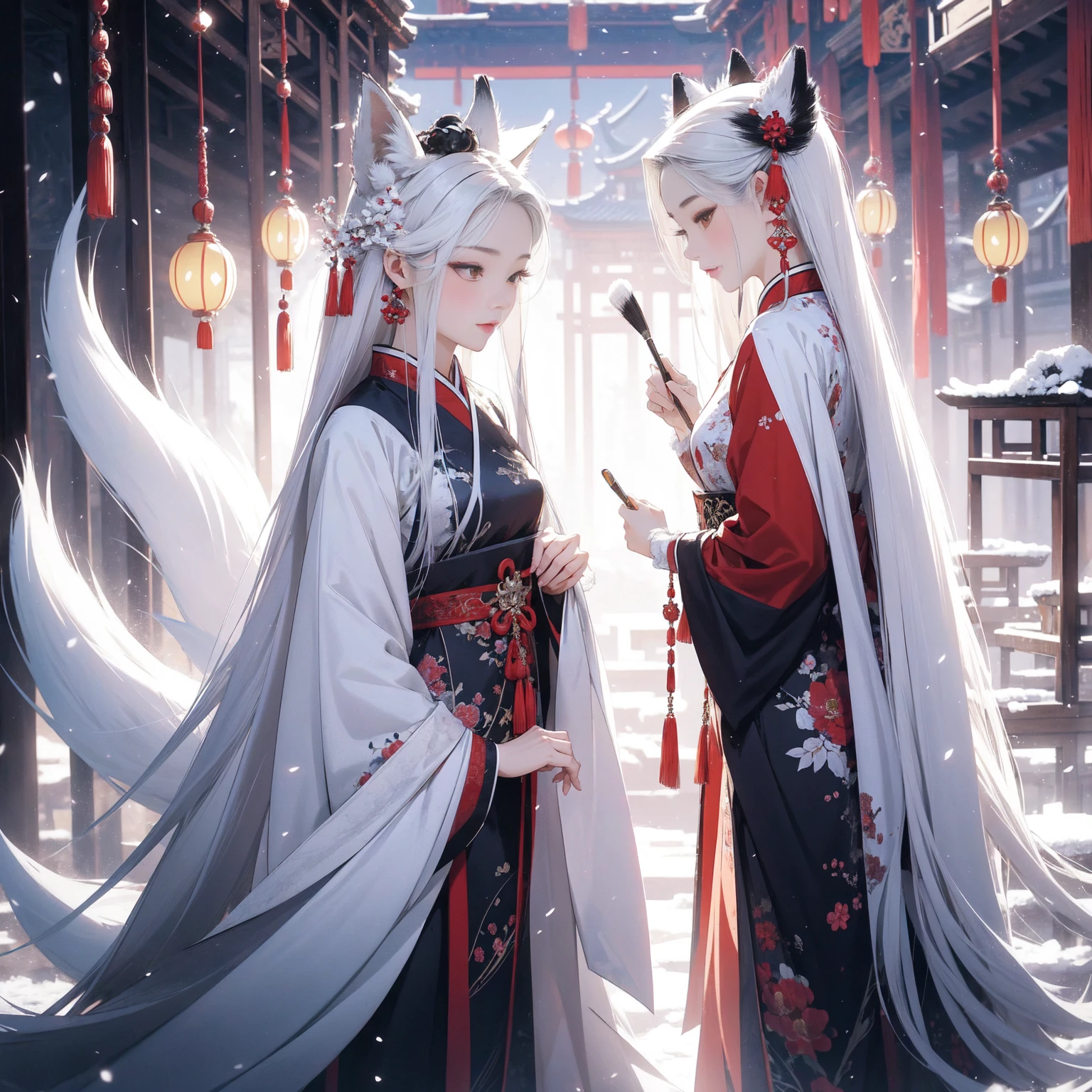 brush brush，asian woman，long snow white hair，Full body in the mirror，Big fox ears，Fox tail on body，flowing hair details，Gorgeous Chinese style accessories，Illustration composition，A nine-tailed white fox in the background，fantastic falling snow，There are also seats made of bones。