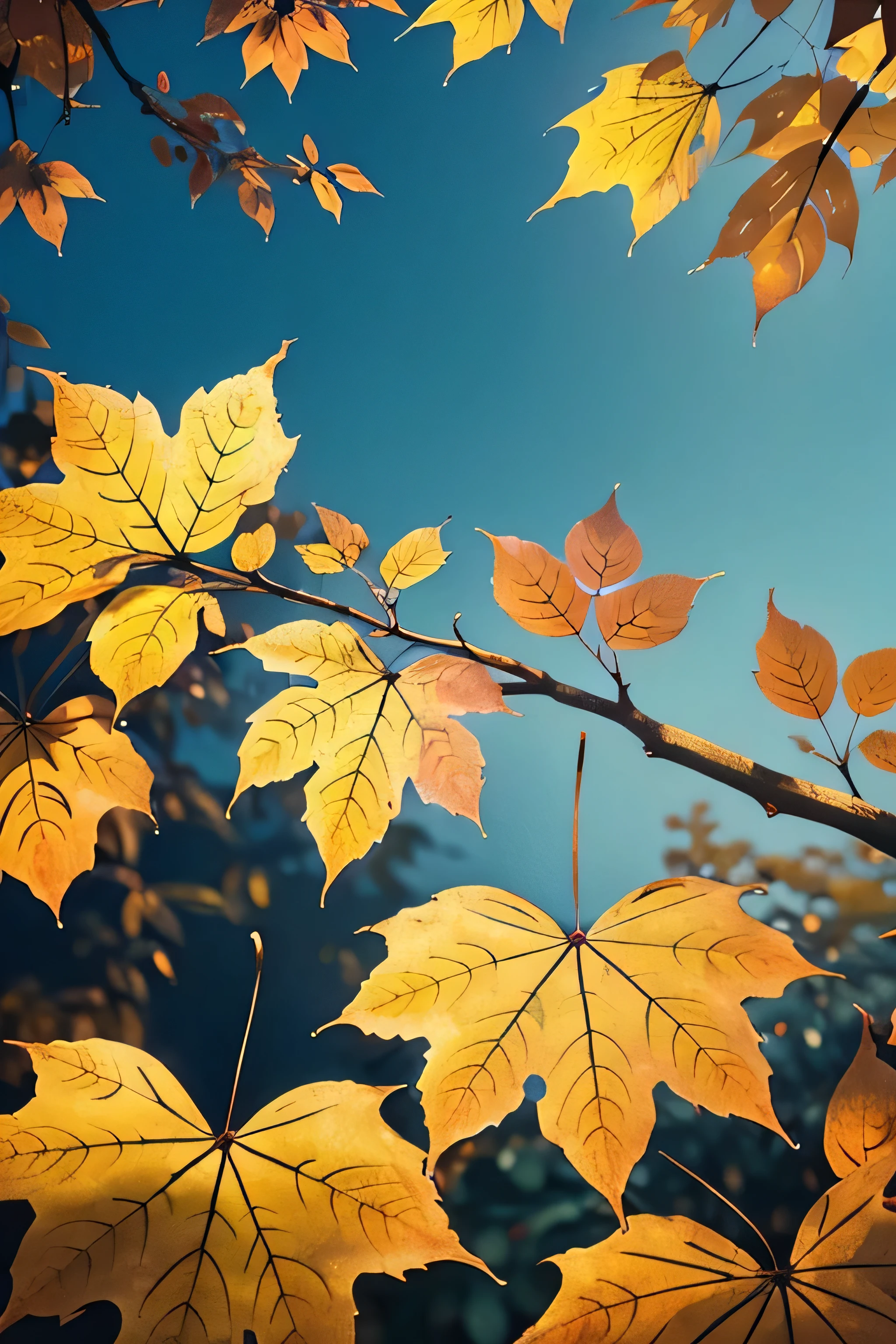 autumn afternoon，close-up of a branch of dried leaves，sunlight on the leaves，dewdrops below the leaves，deep blue background，warm atmosphere，high quality