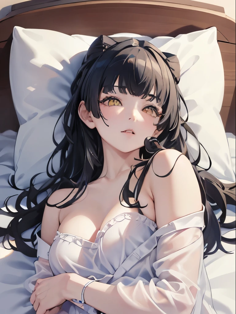 masterpiece, best quality, NSFW, 1girl, black hair, ,yellow eyes, pajama, bedroom, lying on bed, sleeping, eyes closed, detailed facial features, realistic and high resolution (best quality, 4k, 8k, highres, masterpiece:1.2).