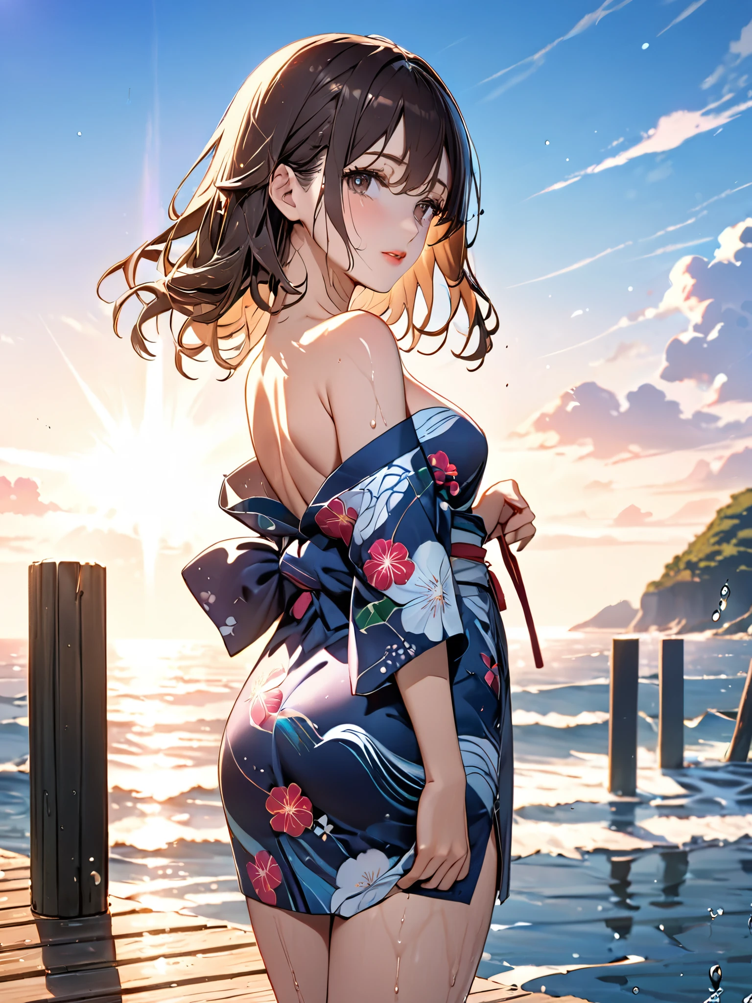 (masterpiece, best quality:1.2), illustration, anime, (wide shot), model shoot, 1girl, (armpits , short light underarm hair) , long dark hair, dark brown eyes, pretty lips, beautiful faces, beautiful eyes, wet body, wet hair, pink mule, Japanese traditional Yukata, back lighting, standing on pier, (ocean, glittering water surface), waves, scenery summer pier background, vibrant color, bright sunlight, 8K, ultra HD