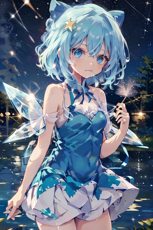 I am the strongest Cirno　Meteor Shower　quiet night lake　Stars Shining　Shooting Star　　Eating a fruit parfait　illumination　ペルセウス座Meteor Shower　　My breasts are small　Clothes are default