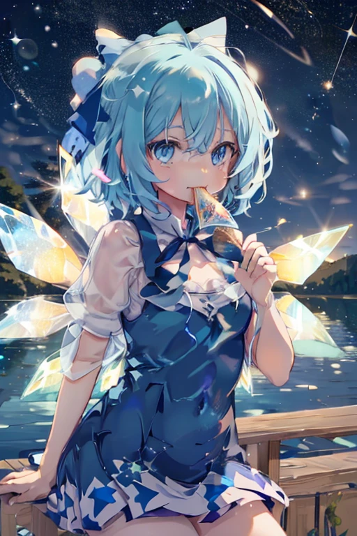 I am the strongest Cirno　Meteor Shower　quiet night lake　Stars Shining　Shooting Star　　Eating a fruit parfait　illumination　ペルセウス座Meteor Shower　　My breasts are small　Clothes are default