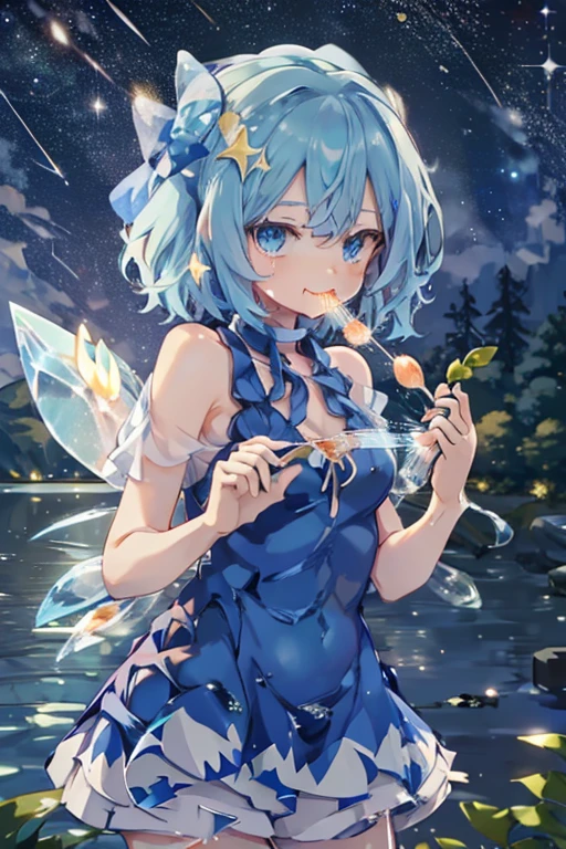 I am the strongest Cirno　Meteor Shower　quiet night lake　Stars Shining　Shooting Star　　Eating a fruit parfait　illumination　ペルセウス座Meteor Shower　　My breasts are small　Clothes are default