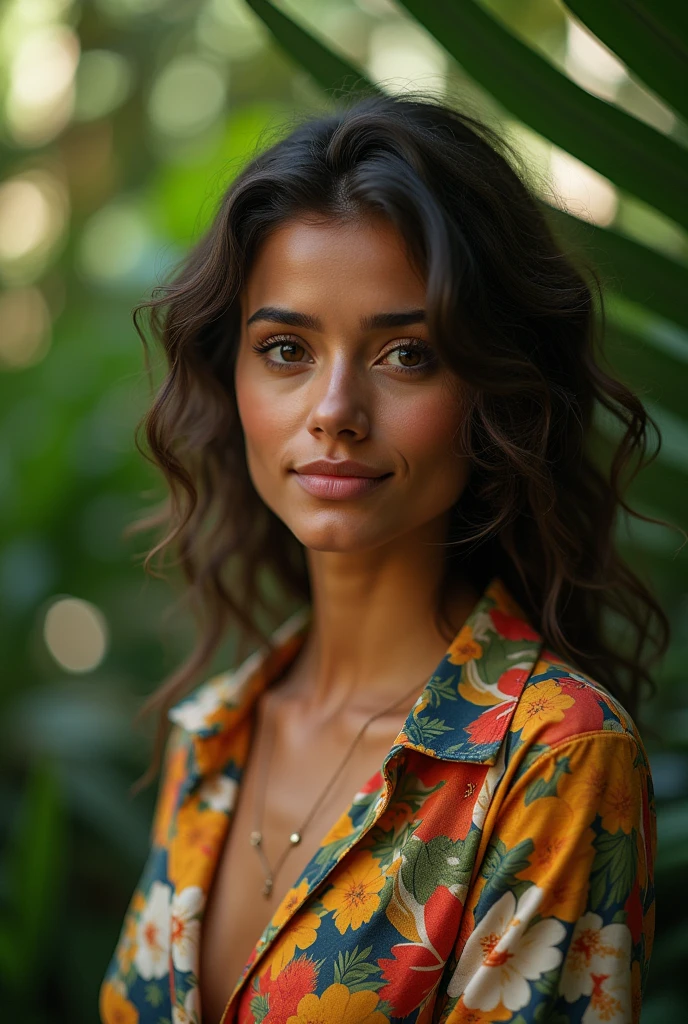 A Brazilian woman in a lush tropical garden, wearing an open shirt with a floral print, with a close-up capturing the harmonious beauty between her breasts and the natural flowers, showing off your natural charm and outgoing personality.