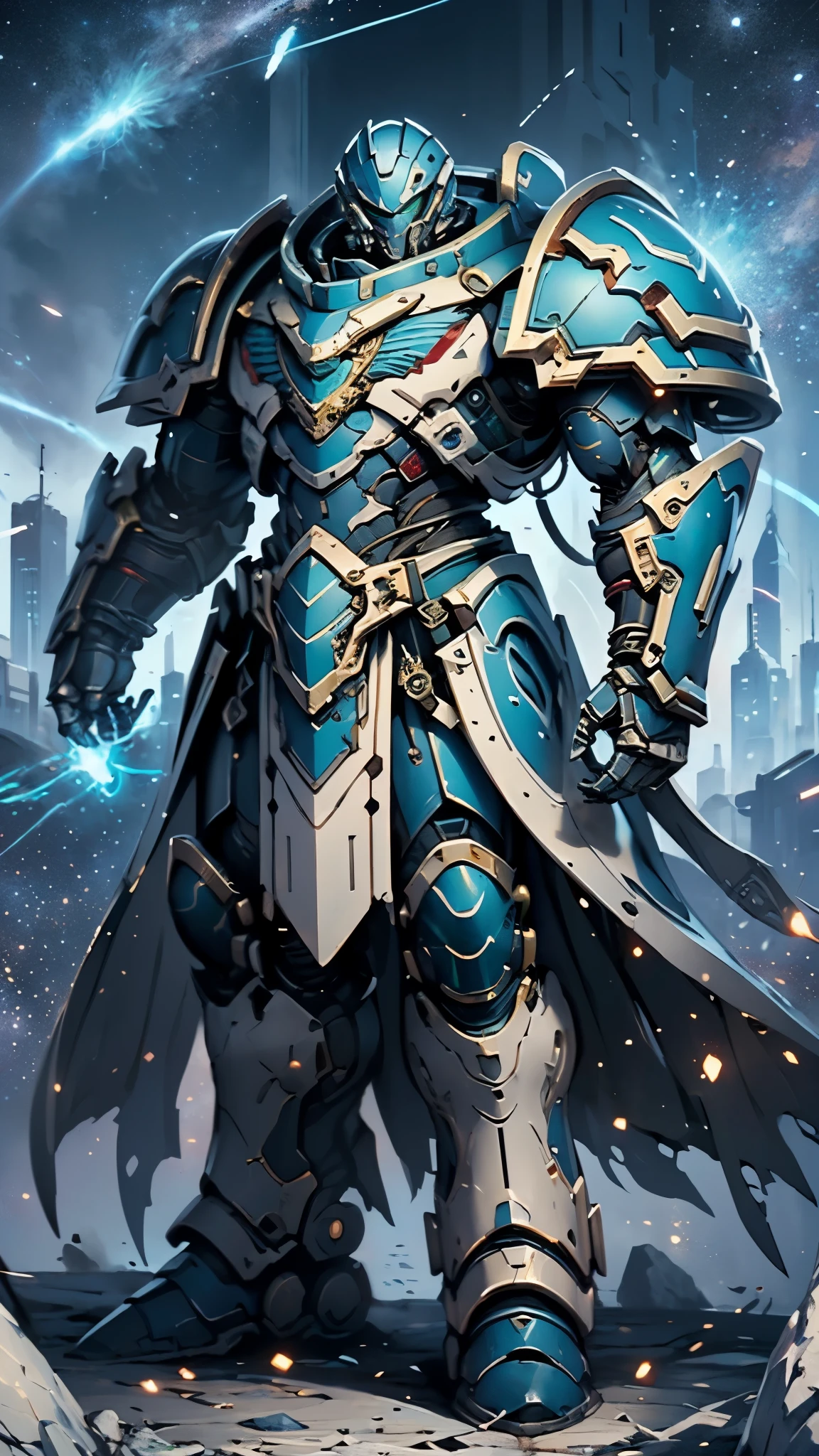 (masterpiece:1.5, best quality:1.5, extremely delicate:1.5), ((male:1.5)), a man wearing a full-face helmet, a biotech armored combat suit, green eyes, (a composite layered chest armor), fully enclosed shoulder guards, matching arm and leg guards, a belt of gemstone, (the color scheme is primarily Blue with White and Red accents), the design balances heavy with agility, a high-tech bio-mecha armor, (Armor Concept Inspired by Space Marines, stand of a futuristic sci-fi city), this character embodies a finely crafted Space Marines in anime style, exquisite and mature manga art style, (element, plasma, energy, the armor glows), metallic, high definition, highres, ultra-detailed, ultra-fine painting, professional, perfect body proportions, golden ratio, anatomically correct, symmetrical face, extremely detailed eyes and face, high quality eyes, creativity, RAW photo, UHD, 32k, Natural light, cinematic lighting, masterpiece-anatomy-perfect