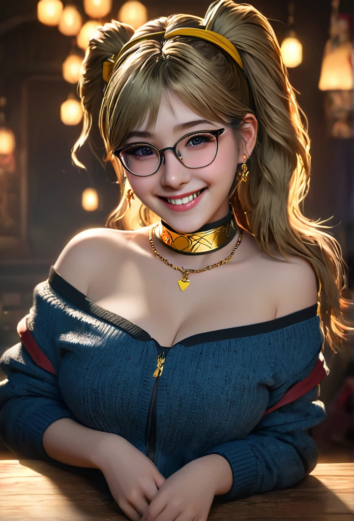 masterpiece, best quality, highly detailed, 1girl, solo, twintails, off-shoulder sweater, choker, large glasses, gold locket, jacket, hairband, looking at viewer, smile, blush, Wide Smile, Eyes Detailed & Wide, sexy Pose, ultra-detailed, HDR, UHD, studio lighting, ultra-fine painting, sharp focus, physically-based rendering, extreme detail description, professional, vivid colors, bokeh, portraits, fantasy, photography, warm colors, volumetric lighting, specular highlights, cinematic, Breath of the Wild style