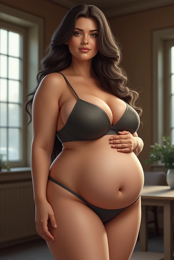Create a brunette girl, with large chest and hips, wearing a short dress, realist looking ahead