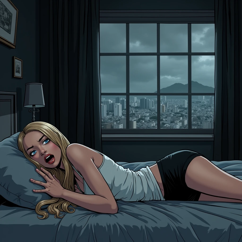 a black and white comic image of a blonde woman terrified in her house as a monster gazes at her through the window