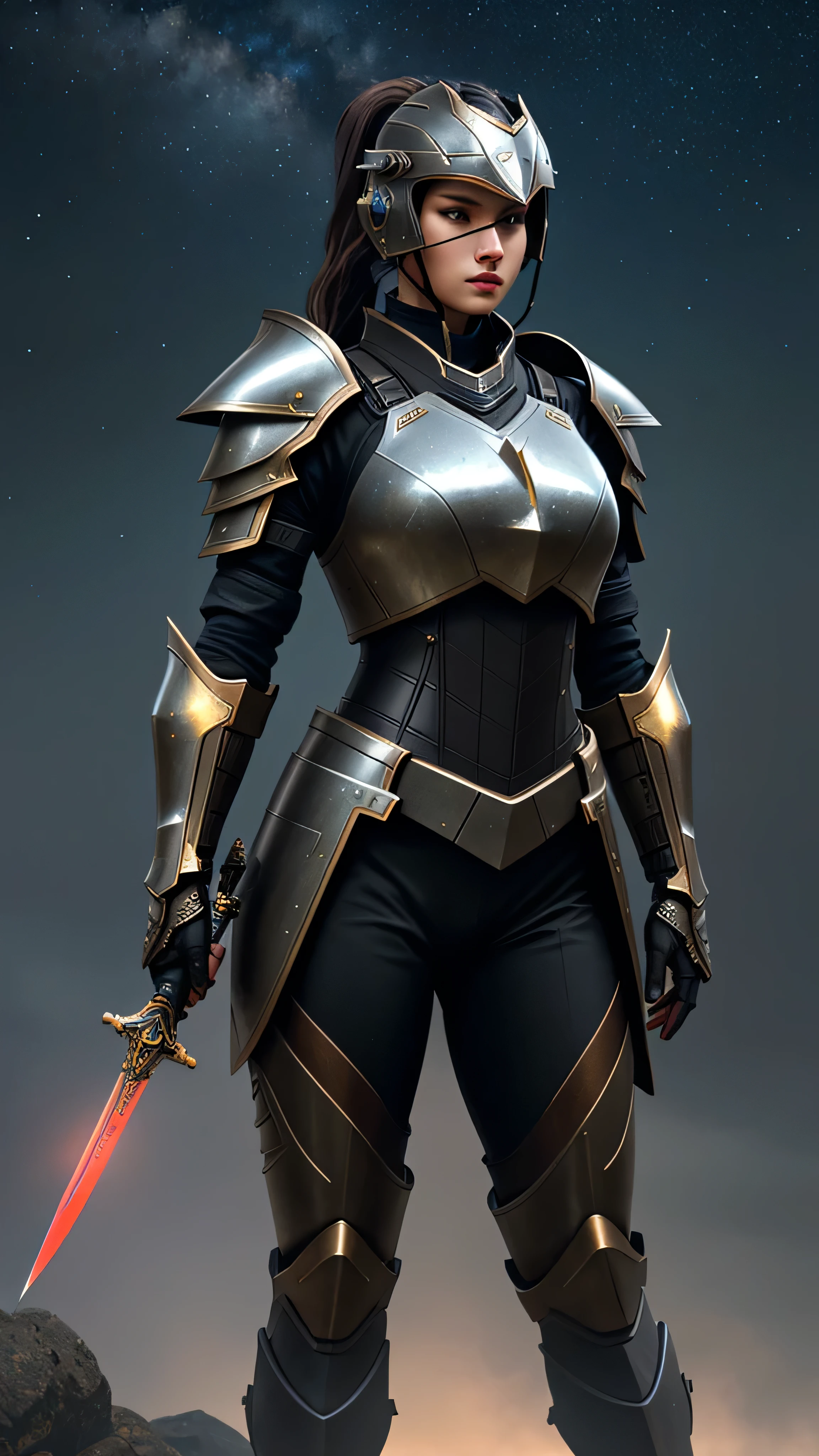 woman warrior, black ponytail hair, sleek elegant (futuristic) knight armor, metallic brown and bronze color scheme, helmet with sharp angular visor, (modern design), intricately detailed armor, holding large round shield, gripping sword, standing confidently, misty starry sky, warm glowing horizon, (insanely detailed, beautiful detailed face, masterpiece, best quality), cinematic lighting, 1woman, solo, full body view, (front view), looking at viewer, intricate, high detail, sharp focus, dramatic, photorealistic painting art by greg rutkowski