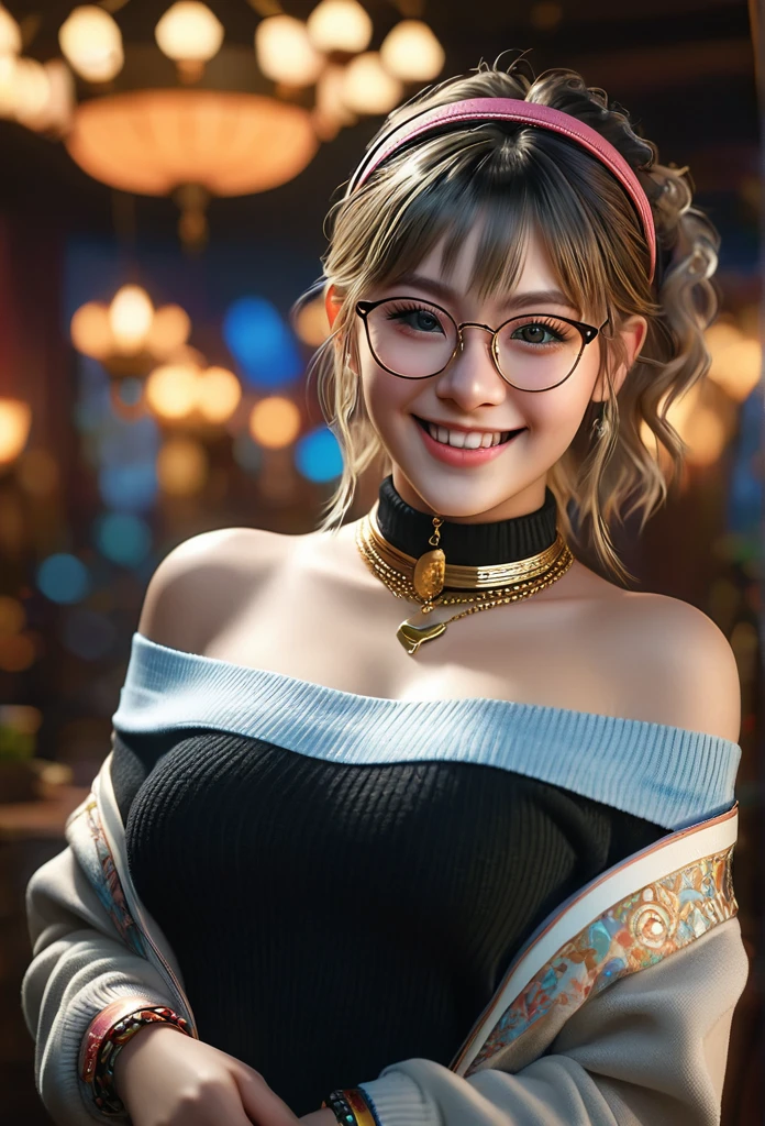 masterpiece, best quality, highly detailed, 1girl, solo, twintails, off-shoulder sweater, choker, large glasses, gold locket, jacket, hairband, looking at viewer, smile, blush, wide smile, extremely detailed eyes and face, long eyelashes, sexy pose, ultra-detailed, HDR, UHD, studio lighting, ultra-fine painting, sharp focus, physically-based rendering, extreme detail description, professional, vivid colors, bokeh, portraits, fantasy, photography, warm colors, volumetric lighting, specular highlights, cinematic, Breath of the Wild style