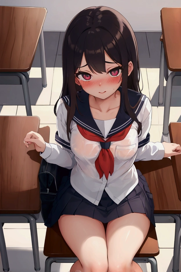 nsfw,alone, (One girl),  high school girl,single,  , ((White panties)), (wearing only the top half of sailor school uniform), Sailor with un-folded hems,  sexy, (Cowboy Shot),  ((Put your arms behind your head)), classroom, With a girl：Her hair is long and black, Her face is round and cute, Black Hair, Low twin tails, (Are standing),(Shy, Embarrassing),