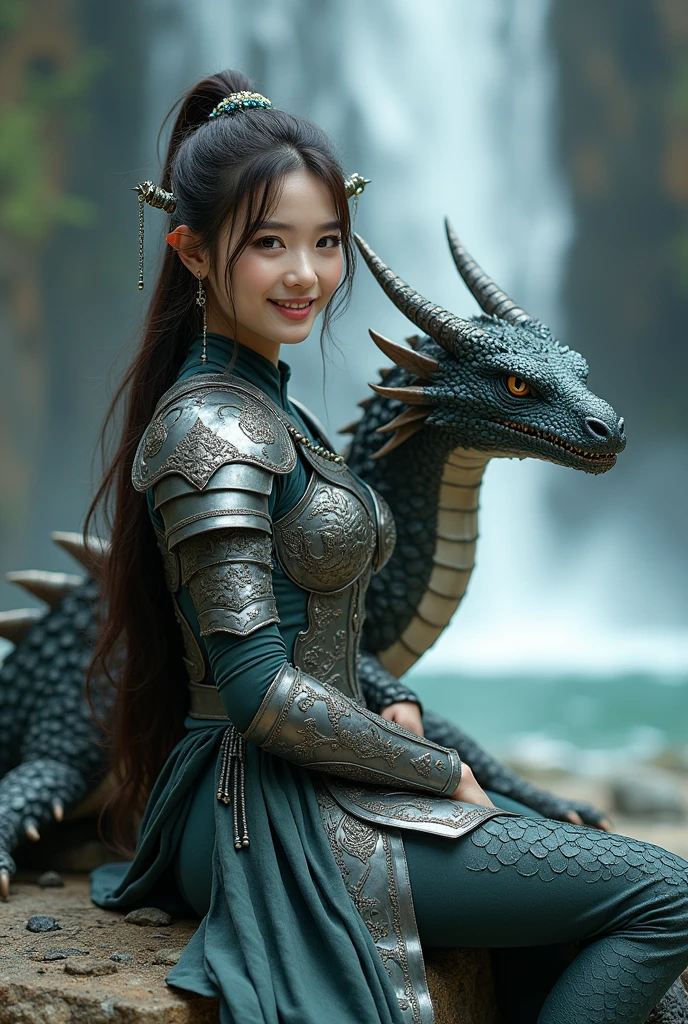 A beautiful elf with a emerald dragon, ((girl wearing golden armor)), perfect facial features, delicate face, long hair, graceful, wisdom, courage, scales, horns, flames, wings, dragon claws, dragon protecting the girl, background for ancient desert, mysterious, protection, realistic quality, realism, 8k, best quality, masterpiece, cinematic quality, high chiaroscuro, octane rendering, Cinematic Still, Movie Still