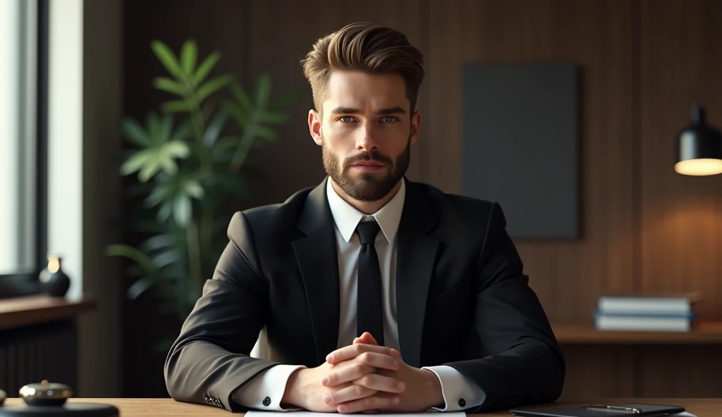 Create a hyperrealistic portrait of a confident, attractive man sitting at a desk with a white background. The man has a well-defined, muscular build with strong, masculine features, a short beard, and neatly styled wavy hair. He is wearing a fitted dark shirt that accentuates his physique. He is seated in a high-back gaming chair, designed with bold, modern lines and a sporty appearance. The man is leaning slightly forward with his hands clasped together in front of him, conveying a focused and professional demeanor. His eyes are clear and intense, adding to his direct and engaging expression. The scene is minimalistic, with a plain white background to emphasize the subject and the sleek design of the gaming chair. A glass of amber liquid is placed on the desk for added realism.