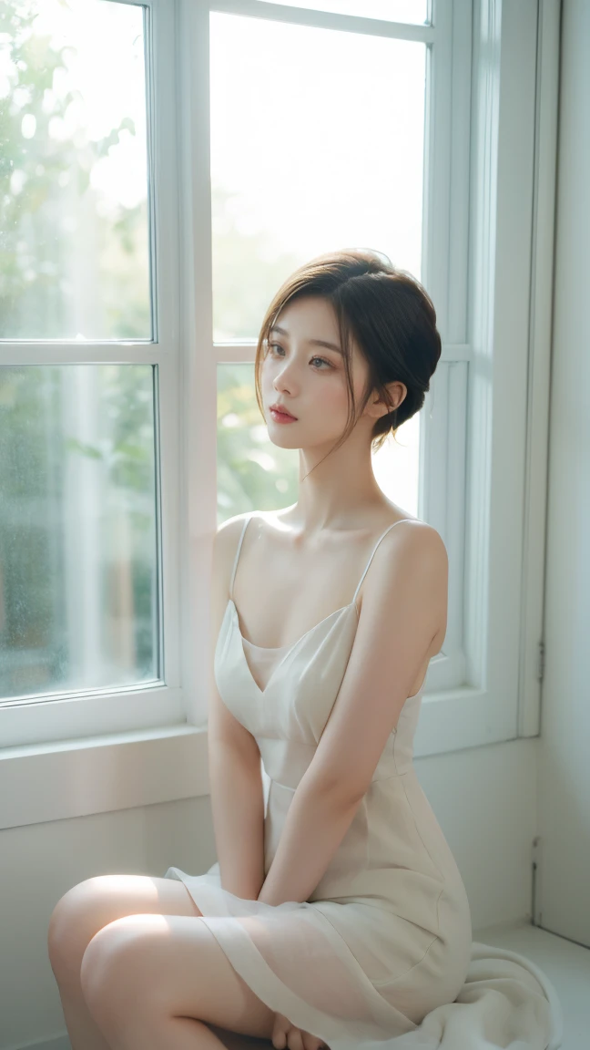 serene, short tousled hair, ethereal white dress, sitting with knees pulled to chest, delicate angel wings, relaxed posture, looking down, soft natural lighting, light from left, gentle shadows, peaceful and introspective atmosphere, indoor setting next to open window, artistic illustration, muted color palette, dreamy and tranquil.