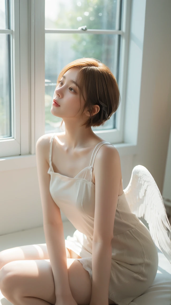 serene, short tousled hair, ethereal white dress, sitting with knees pulled to chest, delicate angel wings, relaxed posture, looking down, soft natural lighting, light from left, gentle shadows, peaceful and introspective atmosphere, indoor setting next to open window, artistic illustration, muted color palette, dreamy and tranquil.