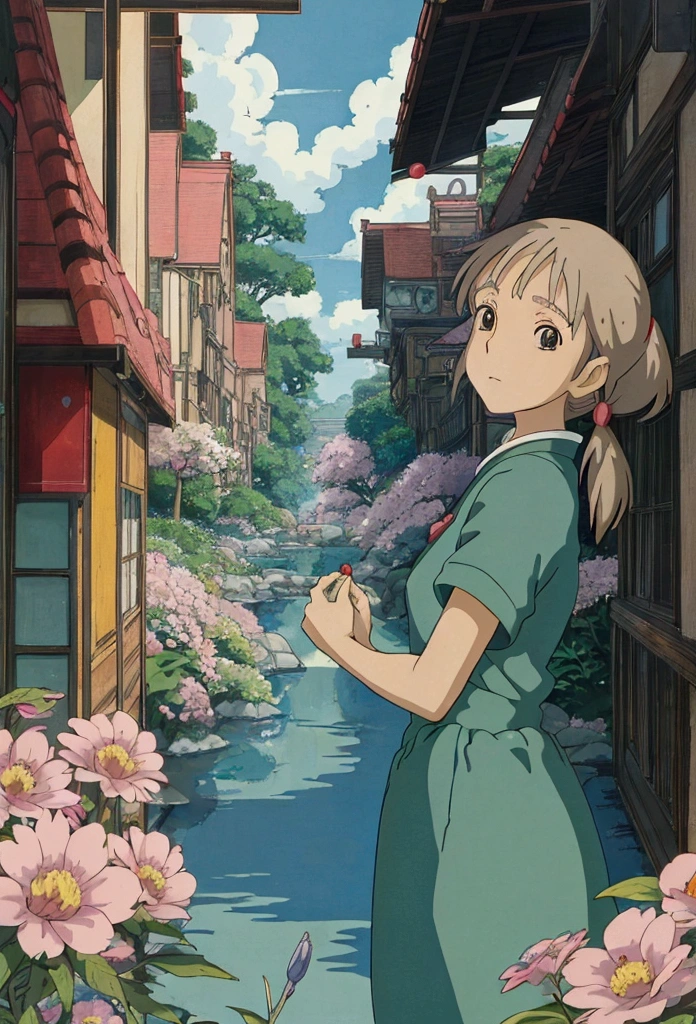 2000´s anime still, retro anime, Studio Ghibli Style. A frame from HD anime movie. sharped line art. Beatiful colors and harmony. Chihiro from "Spirited away" concentrated looking at a flower in detail, capturing that total focus on the present, with vibrant, warm colors like those found in "Spirited Away".